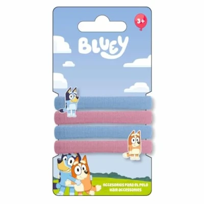 Image de Ensemble d&#039;accessoires Bluey 4 chouchous pour cheveux Multicolore Multicomposition Pin avec le visage de et Bingo Heeler Produit original conçu en Espagne