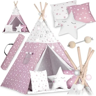 Image de NUKIDO Tipi pour Enfant de Style Montessori en Coton et Cadre Bois avec Tapis Isolant, 3 oreillers, Guirlande aérée, 120 x 165 cm, Rose étoiles