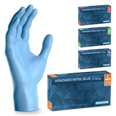Image de ARNOMED Gants jetables Bleu Extra Fort, nitrile taille L, 50% plus épais, 100 p./boîte, non poudrés, en mecanique sans latex, gant jetable tailles S, M, L &amp; XL