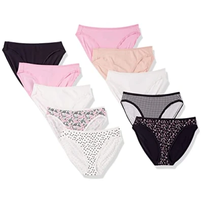 Image de Amazon Essentials Culotte en Coton à Jambe échancrée (Grandes Tailles Disponibles) Femme, Lot de 10, Fleuri/Multicolore/Points/À Carreaux, 44