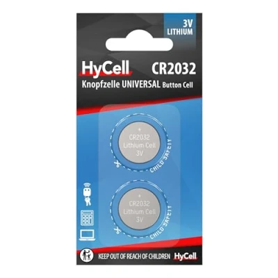 Image de HyCell Lot de Piles plates CR2032 (2 pces) bouton pour clés voiture, horloges, bips parking, systèmes d&#039;ouverture garage, etc. universelles résistantes à haute capacité