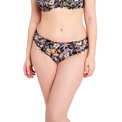 Image de SANS COMPLEXE, Slip Taille Basse Modèle Arum Mosaïc, Avant en Dentelle imprimée, Arrière Microfibre, Jeux de laçages sur Les côtés, et Jambes élastiquées, Imprime Floral Fond Noir, 42 44
