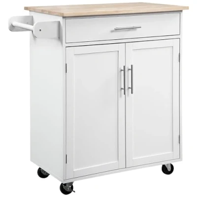 Image de HOMCOM Desserte de Cuisine sur roulettes Chariot Service Ilot avec tiroir Placard et Porte torchons 83l x 45P 91,5H cm Blanc