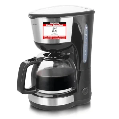 Image de Emerio CME 122933 Cafetière filtrante 1,25 l pour jusqu&#039;à 10 tasses de café frais, filtre permanent amovible, fonction anti goutte, verseuse en verre, arrêt automatique, 1000 W, noir/argent