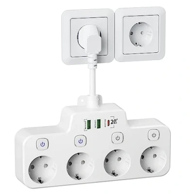 Image de Multiprise USB C avec Interrupteur, Murale 4 Prises Interrupteur(Commutable Individuellement), Prise Multiple 20W et 2USB A QC 18W pour Bureau de Cuisine, Blanc