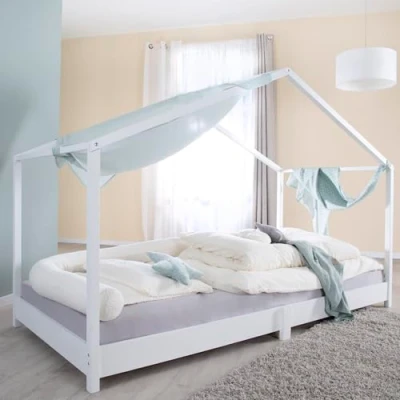 Image de roba lit cabane 90 x 200 cm pour enfants au sol selon le principe Montessori Extensible avec sommier à lattes, matelas et housse de Bois laqué blanc