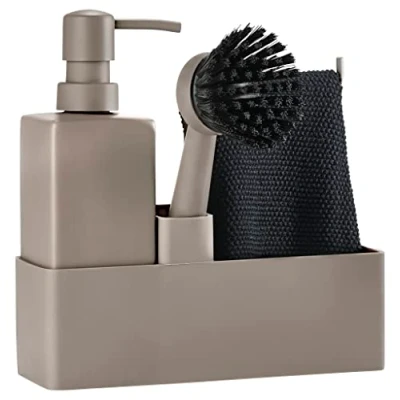 Image de Zone Denmark Set de 4 Accessoires pour Lave Vaisselle avec Distributeur Savon/Distributeur Liquide Vaisselle, Chiffon et Brosse à 19 x 6 20,5 cm, Taupe
