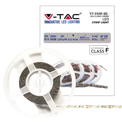 Image de V TAC Bande LED d&#039;intérieur IP20 4,2 W 5 mètres de long SMD 3528 haute luminosité Lumière 4000 K blanc naturel Bandes adhésive et couvercle en silicone 12 volts