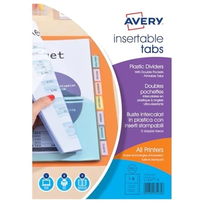 Image de AVERY Double pochettes intercalaires à onglets personnalisables et imprimables, 8 touches, Format A4+ (permet de classer des perforées), En polypropylène coloré translucide