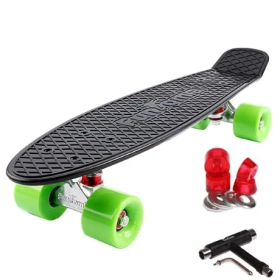 Image de FunTomia Planche à roulettes Mini Board Skateboard 57cm avec roulements ABEC 11 Style Retro Cruiser en Plastique (Noir Roues Vert + T Tool)