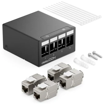 Image de deleyCON Panneau de Brassage 4 Ports Kit Distribution 1U + 4x RJ45 Modules Keystone Jack STP CAT6a Compatibles avec Câble Fixes CAT5 CAT6 CAT7 Câbles Réseau Ethernet LAN DSL Noir