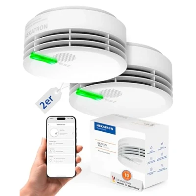 Image de Hekatron Genius Plus Edition Détecteur de fumée avec piles et patins adhésifs inclus Lot 2 En blanc