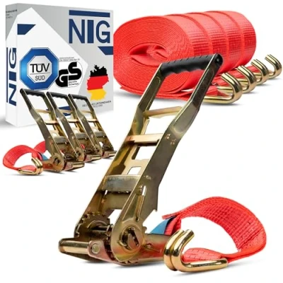 Image de Lot de 4 sangles d&#039;arrimage 5000 kg 10 m avec cliquet Ergo à Certifié TÜV/GS 2 pièces Sangle pour camion 50 mm