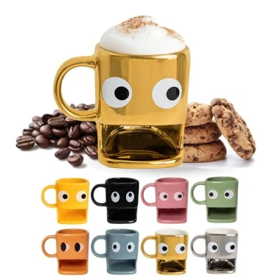 Image de FISURA Tasse originale à offrir « Yeux » dorée avec compartiment biscuit en céramique espace pour biscuits Capacité : 240 ml Cadeau élégant.