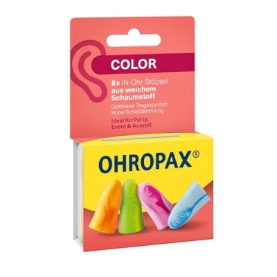 Image de OHROPAX Lot de 8 bouchons d&#039;oreille Color en mousse souple Particulièrement confortables même cas d&#039;utilisation prolongée Indice d&#039;isolation acoustique SNR 35 dB Idéal pour les fêtes,