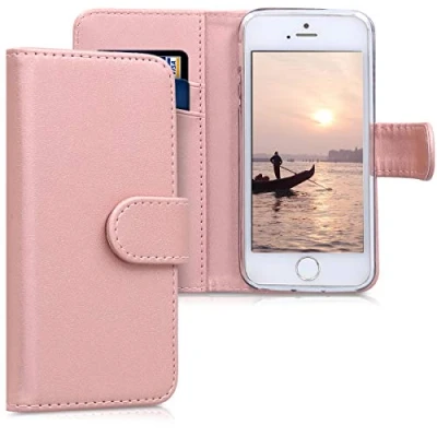 Image de kwmobile Étui à Rabat Compatible avec Apple iPhone SE (1.Gen 2016) / 5 5S Coque Simili Cuir Compartiment Cartes Support Or Rose