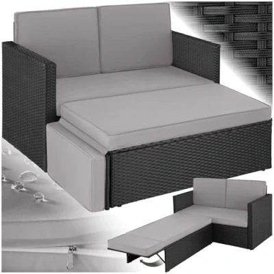 Image de tectake® Salon de Jardin Exterieur en Poly Rotin Modulable Bain soleil 2 Places 1 Canapé et Tabouret Pouf avec Repose pieds inclinable, Mobilier pour Amenagement Balcon Terrasse Veranda
