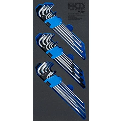 Image de BGS 74259 Insert de servante d’atelier 1/3 : Jeu clés coudées extra long profil T (pour Torx), Torx) avec perçage, six pans intérieurs 27 pièces