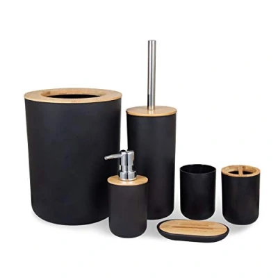 Image de MisFox Lot de 6 accessoires salle bain en bambou et respectueux l&#039;environnement avec distributeur lotion, poubelle, support brosse à dents, gobelet WC porte savon