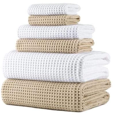 Image de POLYTE Lot de 6 serviettes bain surdimensionnées en microfibre, à séchage rapide, non pelucheuses, blanc, beige, tissage gaufré, 76 x 152 cm