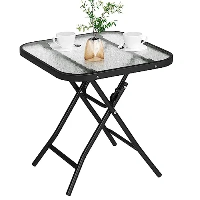 Image de eSituro Table de Jardin Pliante, Basse Balcon, Pliante d&#039;Appoint extérieure pour Terrasse en Verre Trempé, Noir+Transparent, Carrée 46x46x48cm SCPT0042
