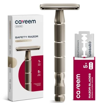Image de CAVEEM rasoir de sécurité à double tranchant, lame unique avec 5 lames en acier inoxydable pour hommes et femmes, métal réutilisable Champagne mat