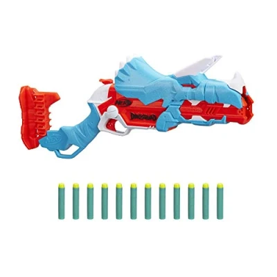 Image de Nerf DinoSquad Tricera blast Blaster, ouverture 3 fléchettes, 12 fléchettes Nerf, rangement de motif dinosaure tricératops