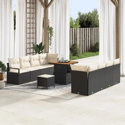 Image de Ensemble de sofa jardin vidaXL 11 pièces avec coussins en poly rattan noir acacia 3362495