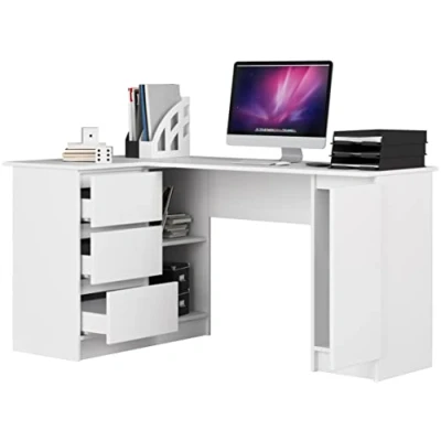 Image de BDW Bureau d&#039;angle à Gauche, 3 tiroirs et 4 tablettes, Beaucoup de Place pour s&#039;étendre, Bureaux ateliers, Table d&#039;ordinateur, Travail, Bureau, 155x77x86, Blanc