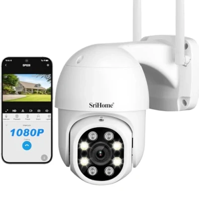 Image de SRIHOME Caméra de Surveillance sécurité, 1080P WiFi PTZ, Suivi Mouvement Automatique, Vision Nocturne, IP66 imperméable à l’Eau, Audio 2Way