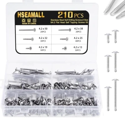 Image de HSEAMALL vis taraudeuses autoperceuses, à métal autotaraudeuses en acier inoxydable, tête fraisée plate pour fixation bois tôle, 6 tailles 210PCS