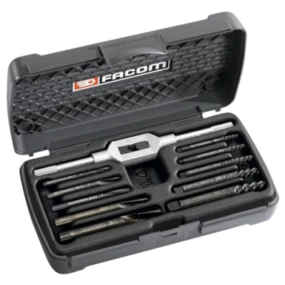 Image de FACOM Jeu d&#039;Extracteurs de Goujons 11 Pièces 285.J10 Extraction Vis, Filetage à Droite Embouts Coniques et Clé Tarauder Coffret Robuste Durable Outillage Main