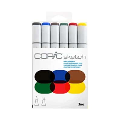 Image de COPIC Sketch Set « Bold Primaries », 6 Twin Marker avec une pointe de largeur moyenne et brosse