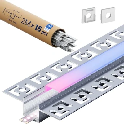Image de KOSOOM Profilé LED 2 m x 15 pièces 30 m, avec couvercle mat, Profile dimensions 15,4 mm 14,9 ailettes 55,5 mm, supporte les bandes d&#039;une largeur inférieure ou égale à 12,6