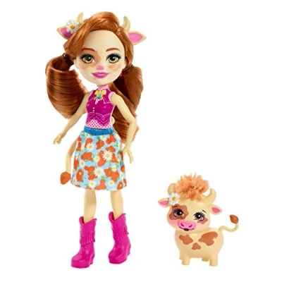Image de Enchantimals Mini poupée Cailey Vache et figurine animale Curdle, aux longs cheveux roux, avec jupe amovible bottes, jouet pour enfant, FXM77