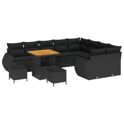 Image de Ensemble de Canapés Jardin 12 Pièces avec Coussins Noir Rotin Synthetique Acacia 3363859