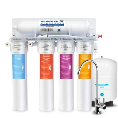 Image de Geekpure Système de filtration d&#039;eau potable par osmose inverse en 5 étapes avec filtres torsadés à changement rapide 75GPD