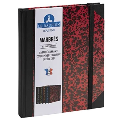Image de Le Dauphin Réf. 267205D 1 carnet imprimé intérieur ligné avec une bande de fermeture élastique noir dimensions 22 x 17 cm format vertical 192 pages couverture marbrée couleur rouge