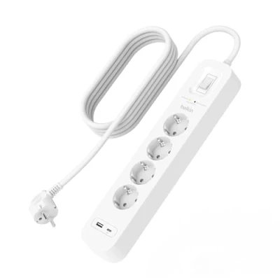 Image de Belkin Multiprise USB avec Protection Contre Les surtensions à 4 Prises, Montage Mural, câble de 2 m, lumière d&#039;état, 1 Port C PD Charge Rapide, A et défense 525 Joules