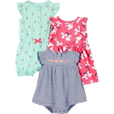 Image de Simple Joys by Carter&#039;s 3 Pack Romper, Sunsuit and Dress Infant Toddler, Bleu Marine Rayures/Rose Fleuri/Vert Menthe Cerise, 0 Mois (Lot de 3) Bébé Fille