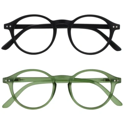 Image de OPULIZE REY Lunettes de Lecture Lot 2 Montures Rondes Rétro Noir Mat, Vert Hommes Femmes Charnières à Ressort RR56 16 +2.50
