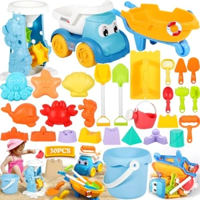 Image de ZQEJEFD Jouet de Plage, 30 PCS Bac à Sable Jouets Plage,Kit Jeu Plage Enfant avec Sac en Filet, Roue À Eau,Pelle Rateau Chateau,Moules pour Enfants Intérieur ou Extérieur