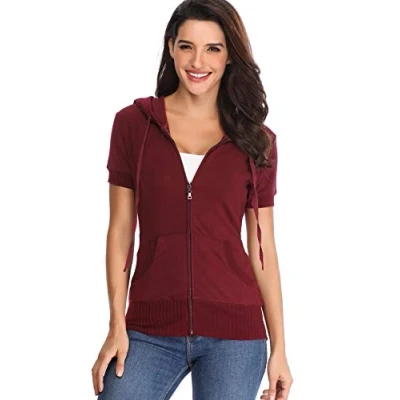 Image de MISS MOLY Femmes Sweat en Tissu éponge à Capuche Manches Courtes pour Femme Shirt Basic Mode Vin Rouge X Large