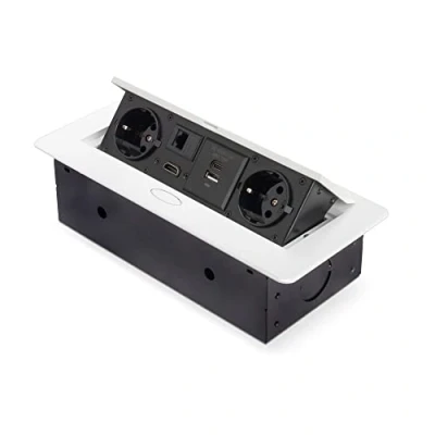 Image de Emuca bloc multiprise escamotable pour encastrer au bureau, plan de travail (prise EU type F, USB A+C, RJ45 et HDMI), 265x120mm, blanc