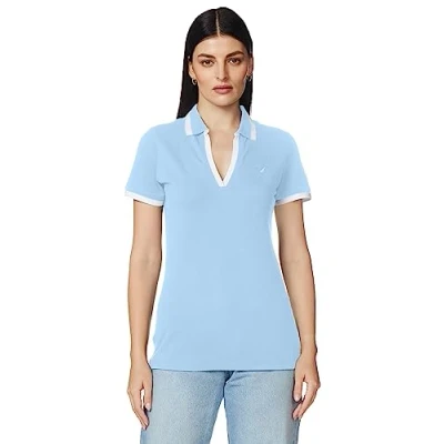 Image de Nautica Polo en Coton Stretch à col V rayé Coupe Classique, Bleu (Della Robbia), L Femme