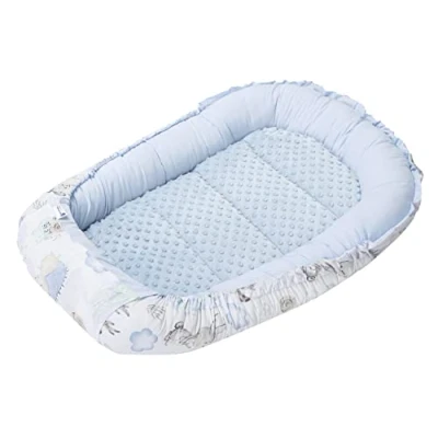 Image de Medi Partners Reducteur de lit Bébé Cocon 100x60x15cm 100% Coton Baby Nest Nouveau né Nid Bébés Oreiller Couverture Insert Amovible (Cerf et Hérisson avec Minky Bleu Clair)