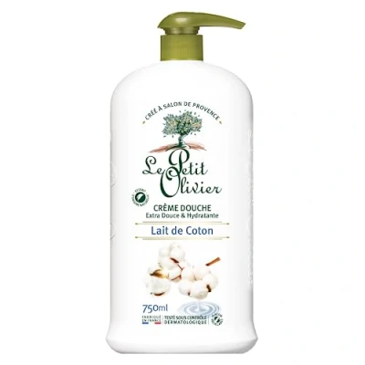 Image de LE PETIT OLIVIER Crème Douche Extra Douce &amp; Hydratante Lait De Coton Pour Toute La Famille PH Neutre Peau Sans Savon, Colorant Fabriqué En France 750 ml