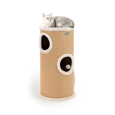 Image de lionto Griffoir en Jute avec Balle de Jeu &amp; Bord Peluche, Hauteur 70 cm, Arbre à Chat Stable pour Petits Grands Chats, Parfait Griffes Jeu, cachettes Multiples, Ø 38 Beige.