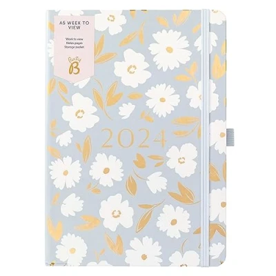 Image de Busy B Agenda semainier Janvier à Décembre 2024 Motif Floral Bleu A5 avec notes, porte stylos et pochettes