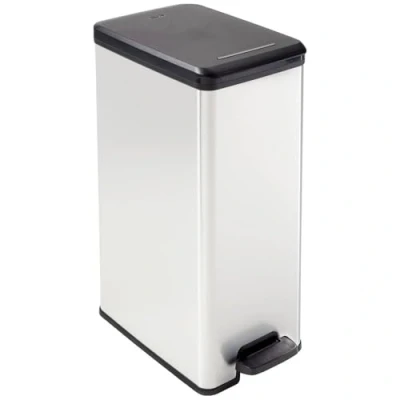 Image de CURVER Slim Bin Poubelle rectangulaire à pédale, 40L Fermeture Douce Aspect Métal Pour Cuisine, Bureau, Salle de Bain 39,3 x 25 60,7 cm Gris Recyclé